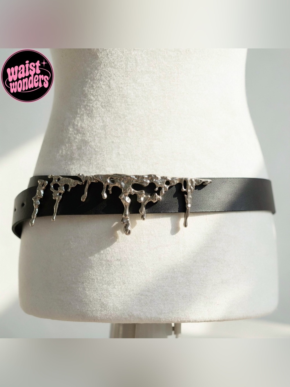 Black faux leather belt with silver dripping metal detail , metal removable